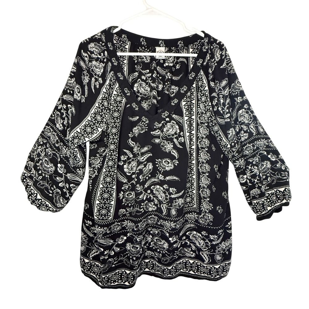 Bila Black White Floral Paisley Boho Peasant Blouse XXL V Neck
